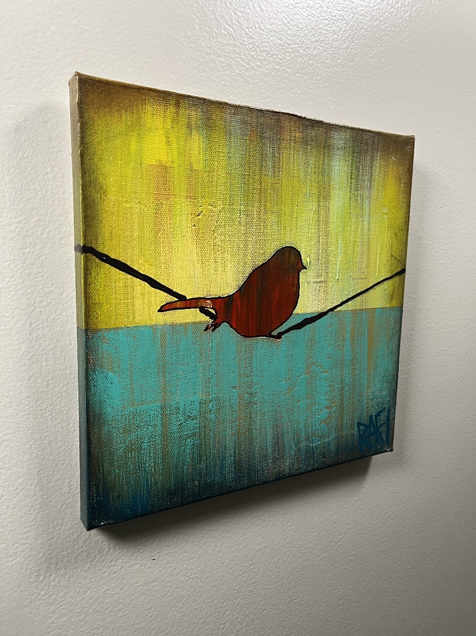 Little Red Birds - Bird On A Wire Series Original Painting Mixed Medium on Canvas 10X10 By Artist Rafi Perez - Image 2