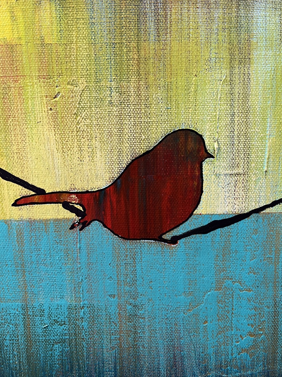 Little Red Birds - Bird On A Wire Series Original Painting Mixed Medium on Canvas 10X10 By Artist Rafi Perez - Image 3
