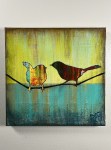 Little Red Birds - Bird On A Wire Series Original Painting Mixed Medium on Canvas 10X10 By Artist Rafi Perez
