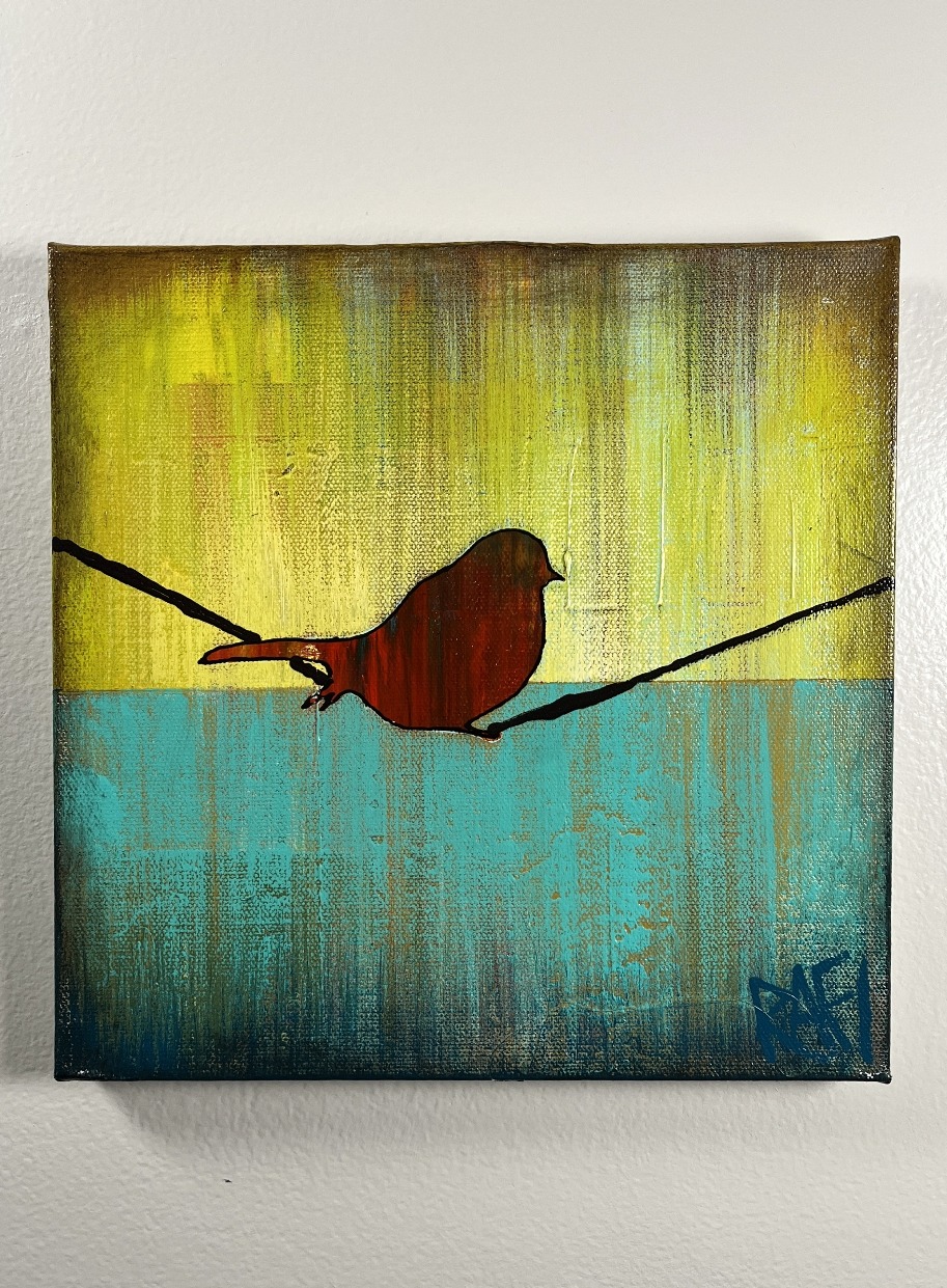 Little Red Birds - Bird On A Wire Series Original Painting Mixed Medium on Canvas 10X10 By Artist Rafi Perez