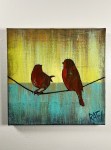 Little Red Birds - Bird On A Wire Series Original Painting Mixed Medium on Canvas 10X10 By Artist Rafi Perez