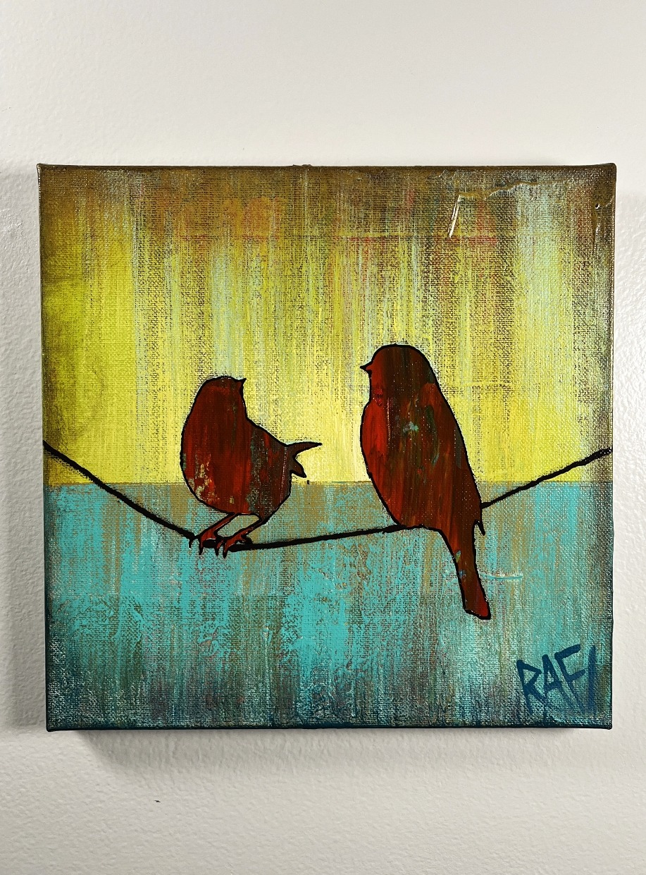 Little Red Birds - Bird On A Wire Series Original Painting Mixed Medium on Canvas 10X10 By Artist Rafi Perez