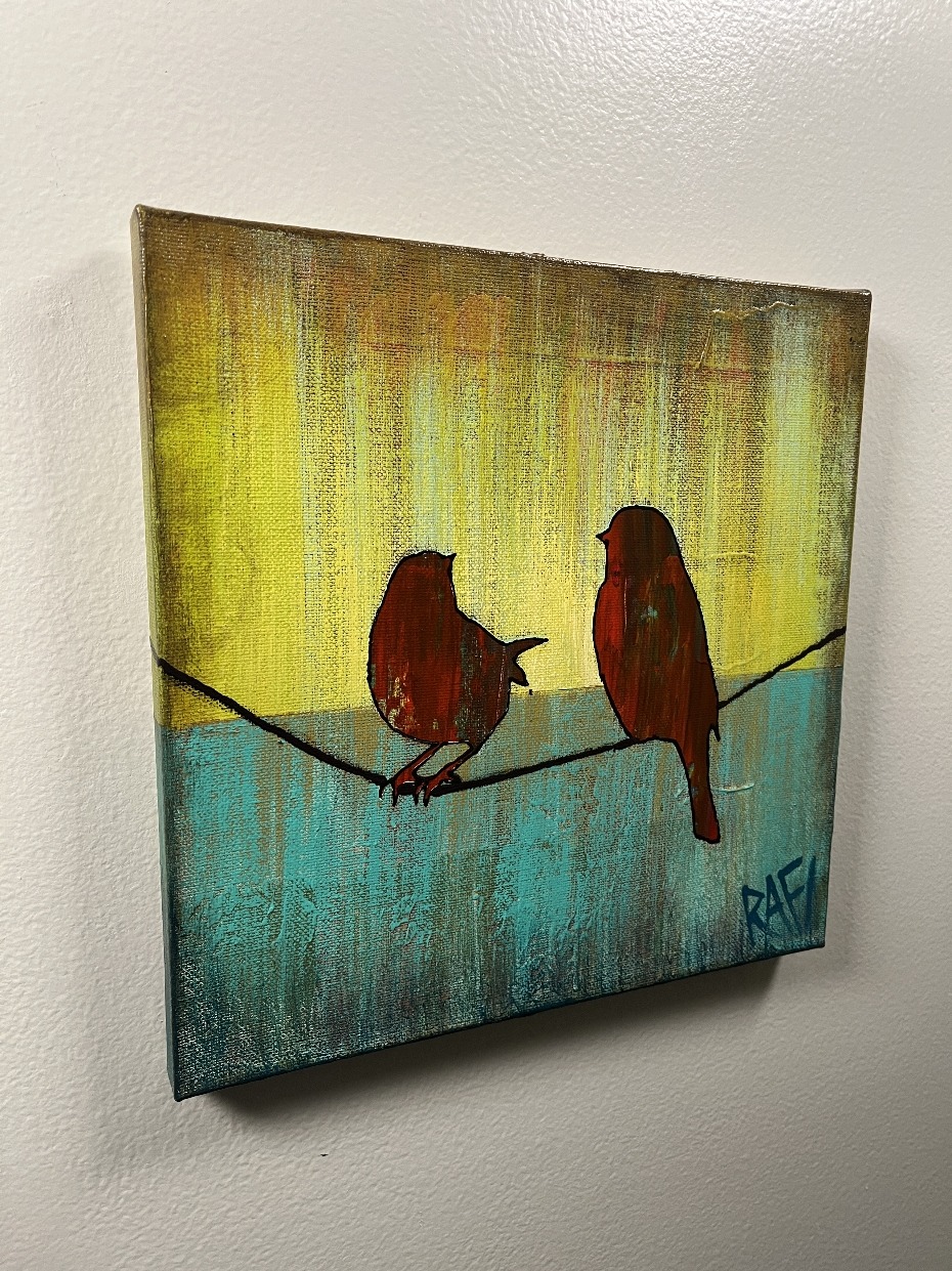 Little Red Birds - Bird On A Wire Series Original Painting Mixed Medium on Canvas 10X10 By Artist Rafi Perez - Image 2