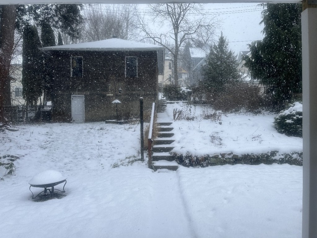 A snowy backyard scene featuring a house, steps leading up to it, and a firepit, with snowfall creating a serene winter atmosphere.