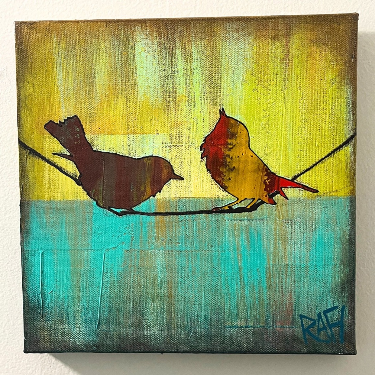 Little Red Birds – Bird On A Wire Series Original Painting Mixed Medium on Canvas 10X10 By Artist Rafi Perez