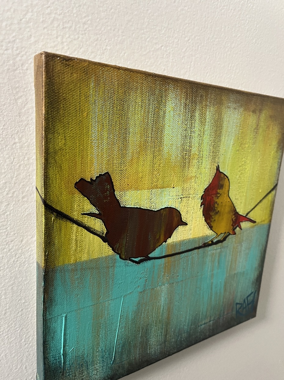 Little Red Birds - Bird On A Wire Series Original Painting Mixed Medium on Canvas 10X10 By Artist Rafi Perez - Image 2