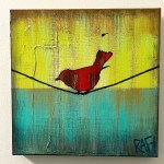 Little Red Birds - Bird On A Wire Series Original Painting Mixed Medium on Canvas 10X10 By Artist Rafi Perez