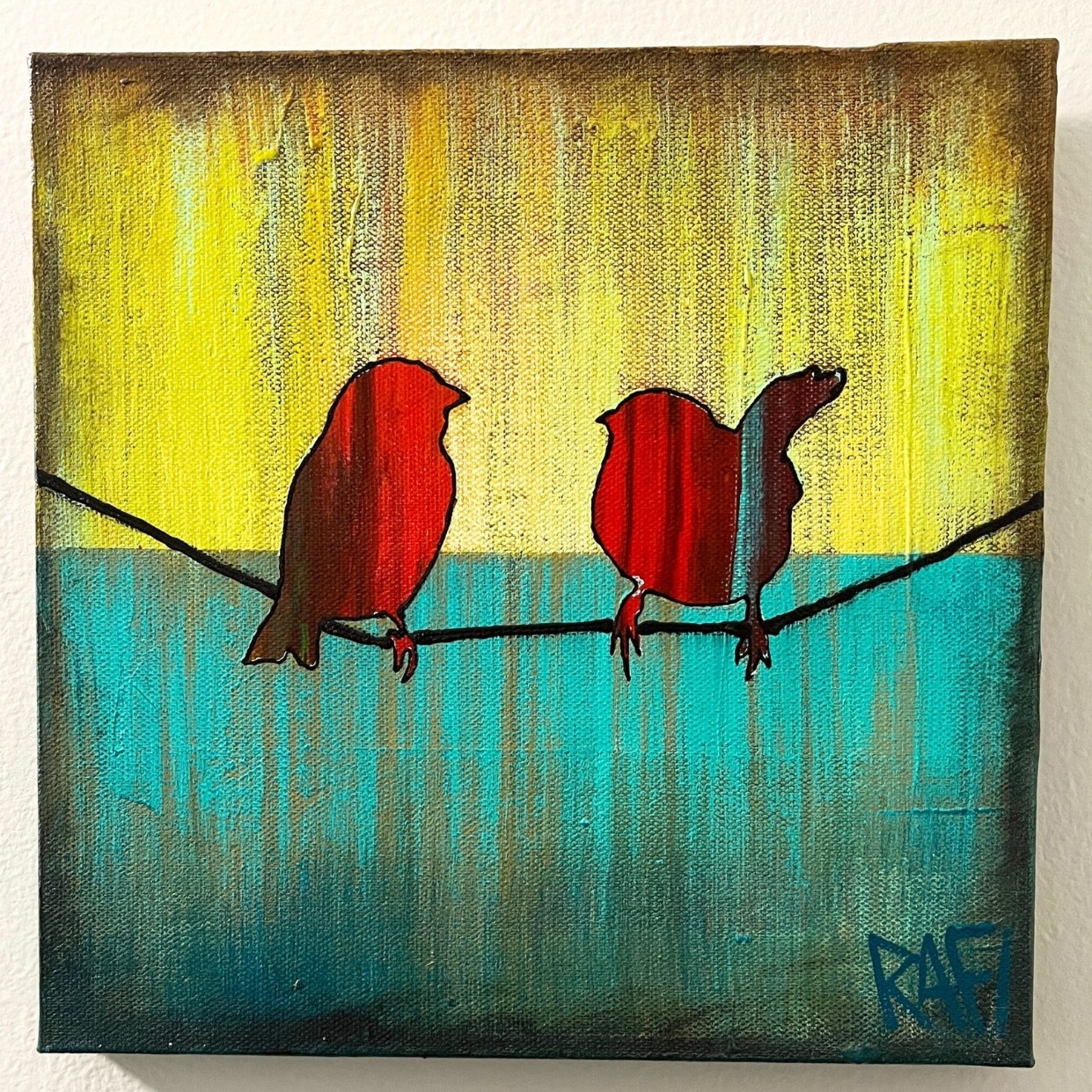 Little Red Birds – Bird On A Wire Series Original Painting Mixed Medium on Canvas 10X10 By Artist Rafi Perez
