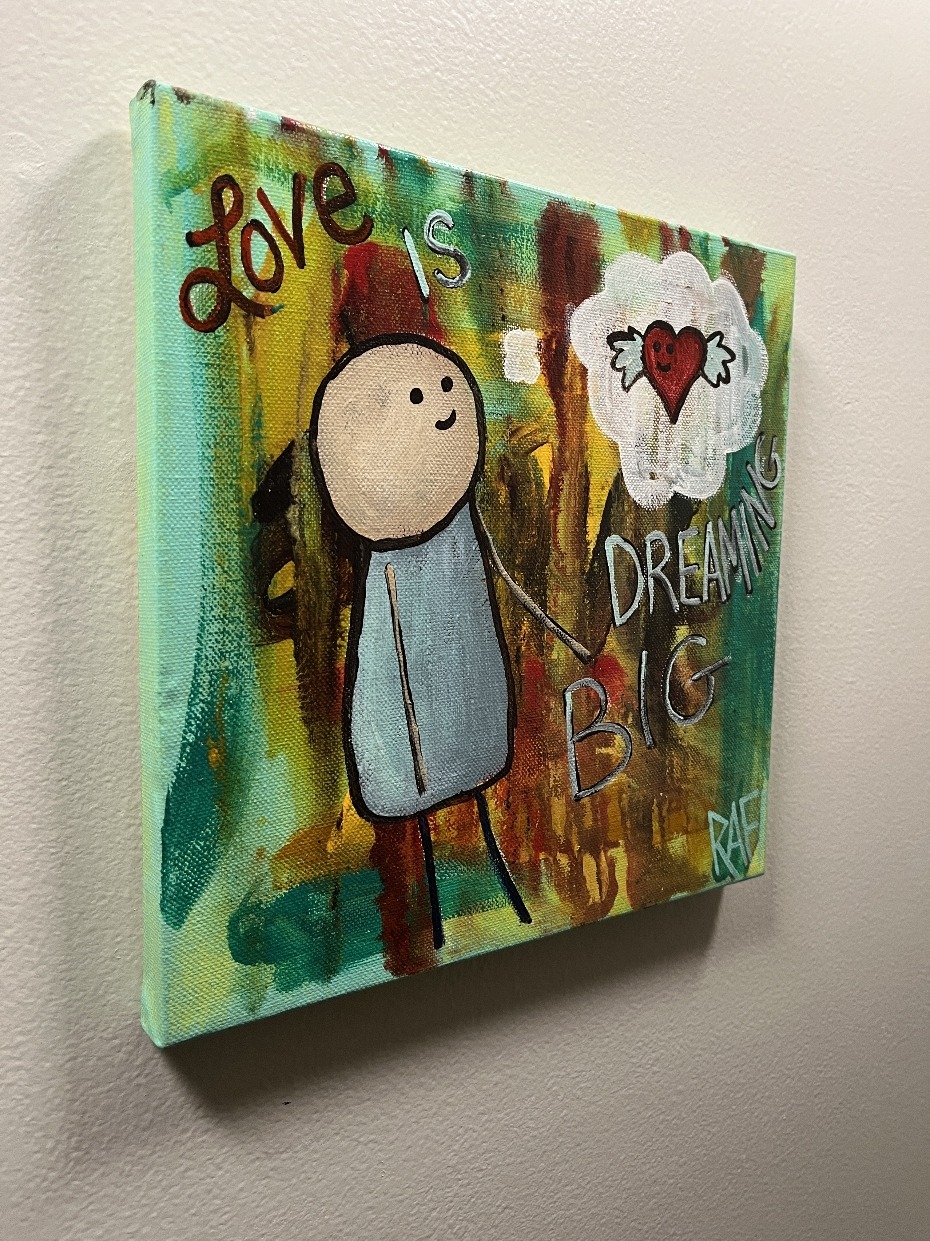 Love Is Dreaming Big By Artist Rafi Perez Original Painting Mixed Medium On Canvas 10X10 - Image 4