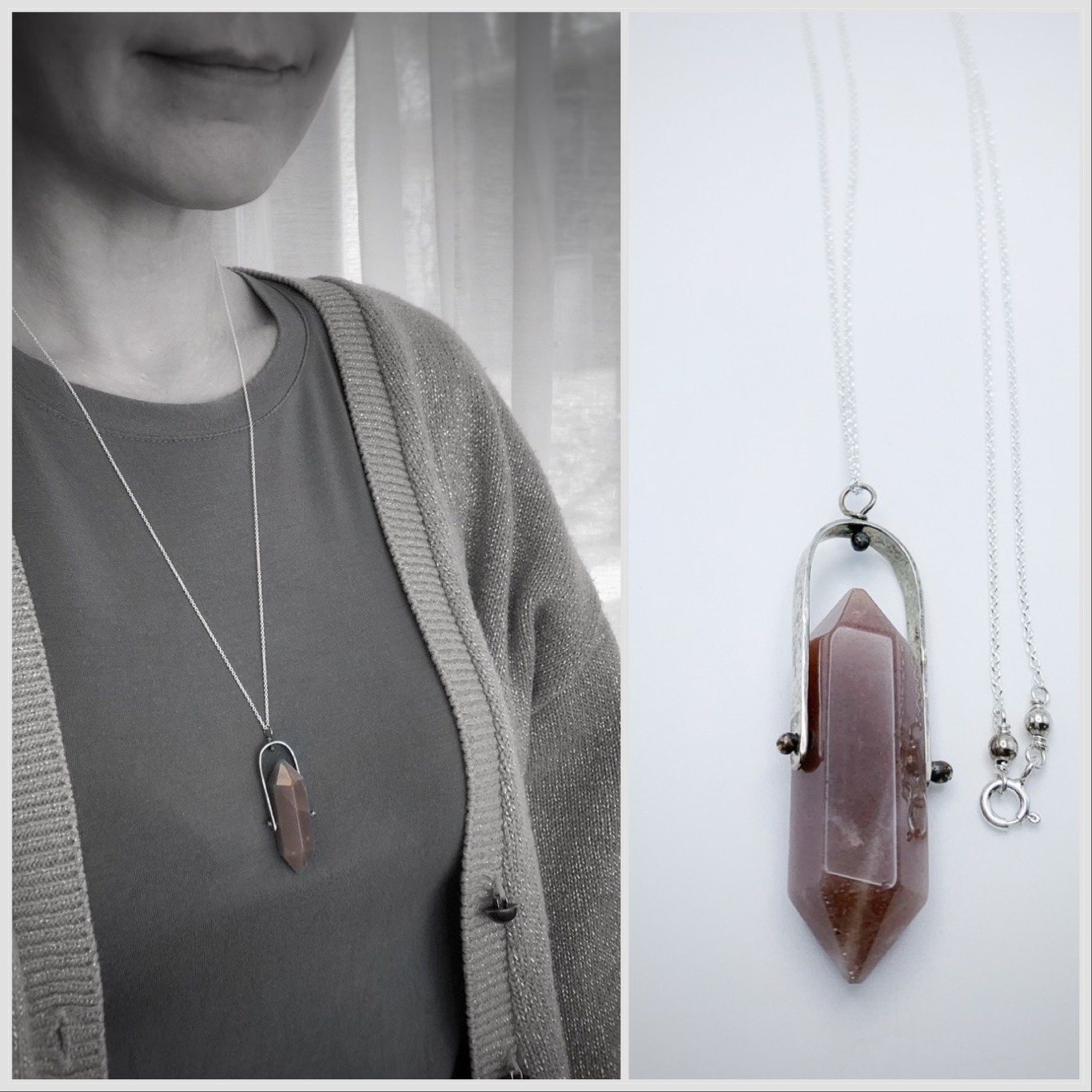 Crystal Point Spinner Necklace / Solid Sterling Silver / Genuine Pink Moonstone / Fidget Necklace