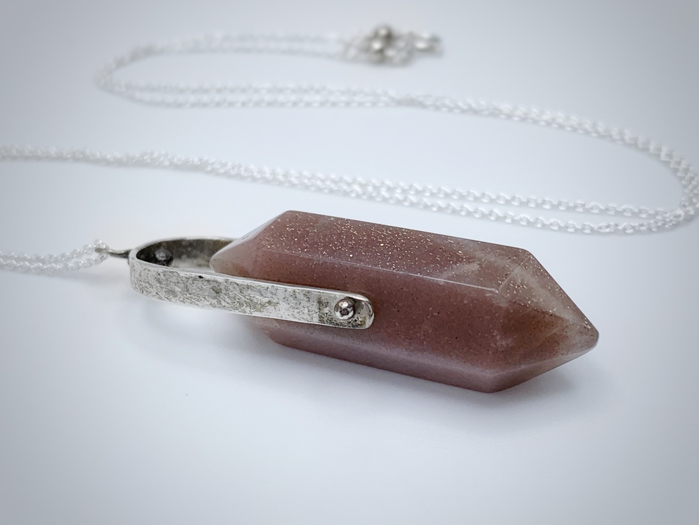 Crystal Point Spinner Necklace / Solid Sterling Silver / Genuine Pink Moonstone / Fidget Necklace - Image 3