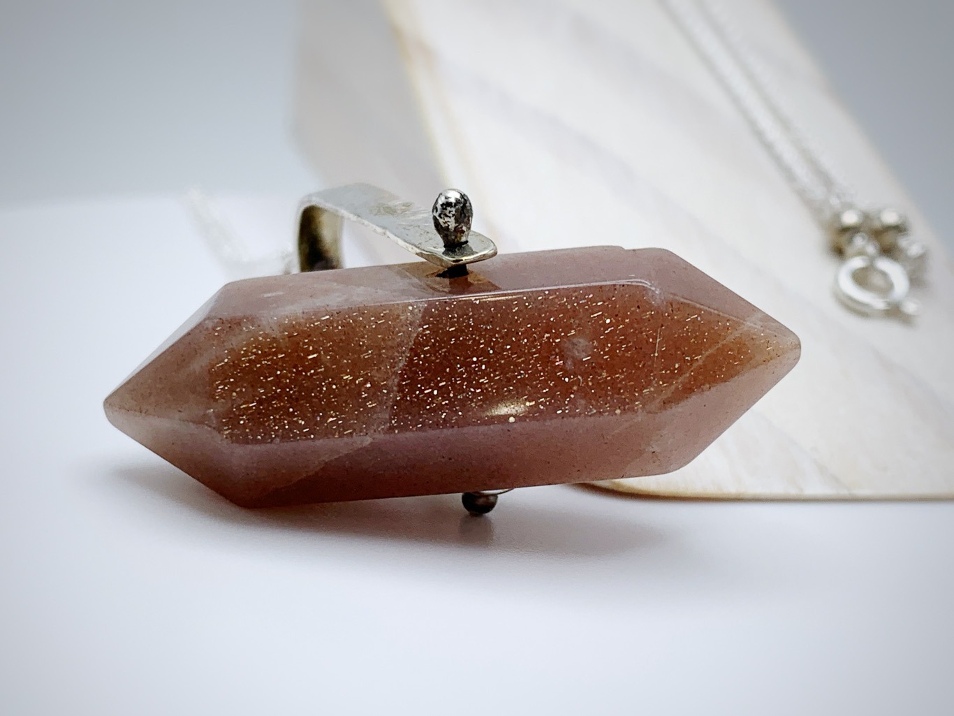 Crystal Point Spinner Necklace / Solid Sterling Silver / Genuine Pink Moonstone / Fidget Necklace - Image 4