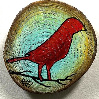 Little Red Bird On A Wood - Cypress Project - By Rafi Perez Original Painting Mixed Medium on Reclaimed Wood 5X5