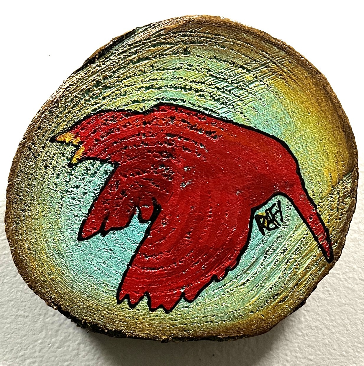 Little Red Bird On A Wood - Cypress Project - By Rafi Perez Original Painting Mixed Medium on Reclaimed Wood 5X5