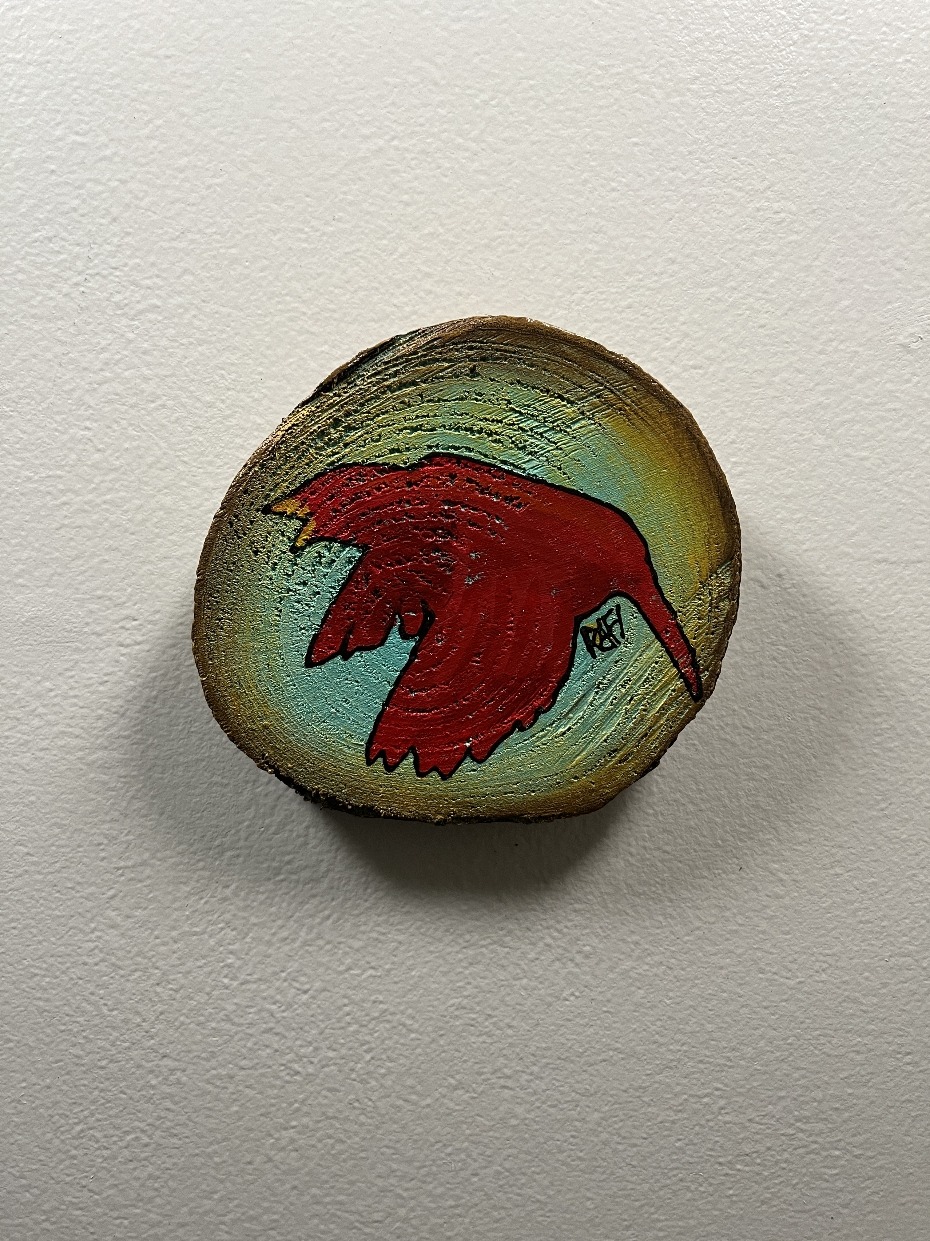 Little Red Bird On A Wood - Cypress Project - By Rafi Perez Original Painting Mixed Medium on Reclaimed Wood 5X5 - Image 2