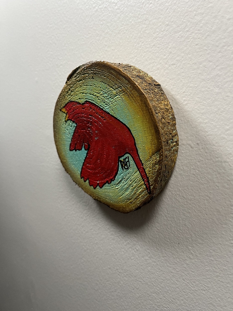 Little Red Bird On A Wood - Cypress Project - By Rafi Perez Original Painting Mixed Medium on Reclaimed Wood 5X5 - Image 4