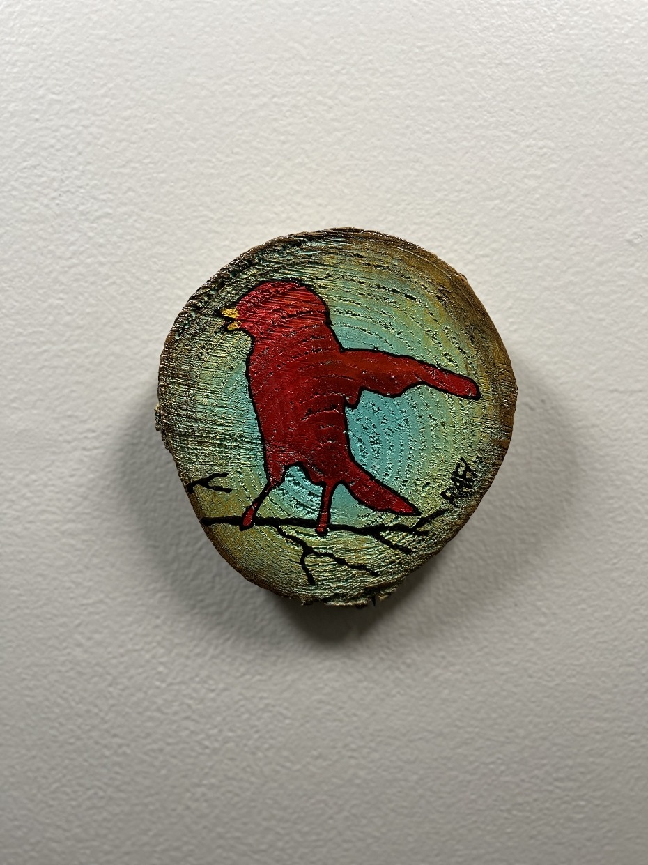 Little Red Bird On A Wood - Cypress Project - By Rafi Perez Original Painting Mixed Medium on Reclaimed Wood 5X5 - Image 2