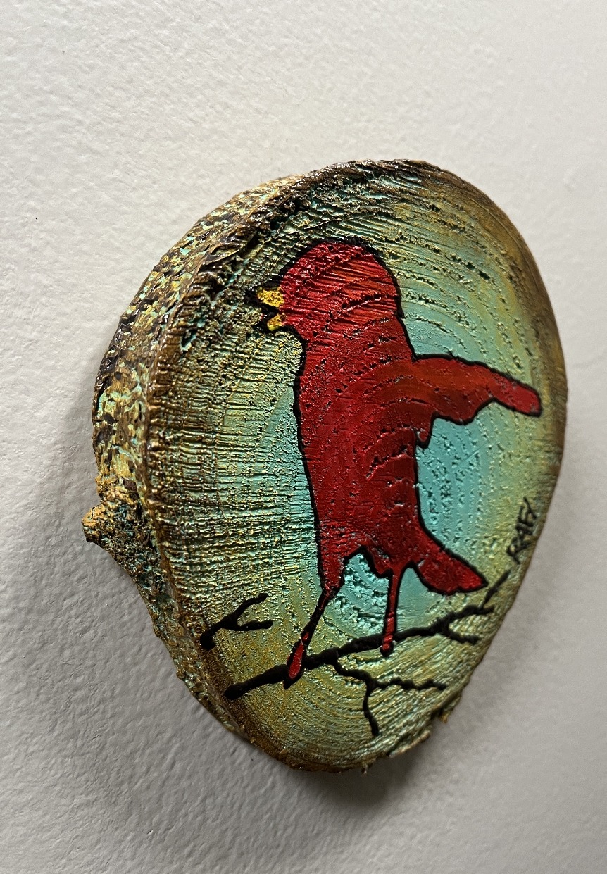 Little Red Bird On A Wood - Cypress Project - By Rafi Perez Original Painting Mixed Medium on Reclaimed Wood 5X5 - Image 3