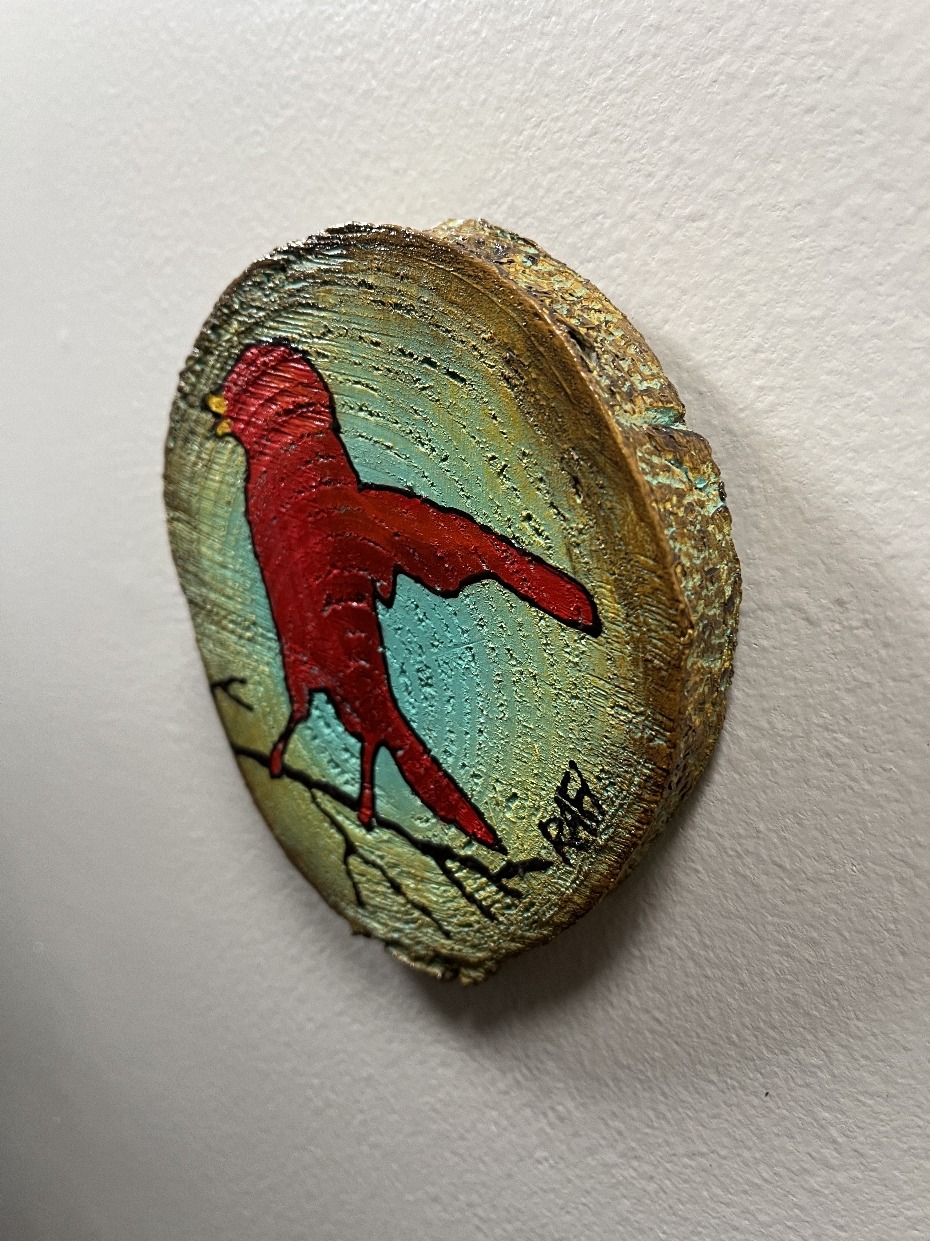 Little Red Bird On A Wood - Cypress Project - By Rafi Perez Original Painting Mixed Medium on Reclaimed Wood 5X5 - Image 4