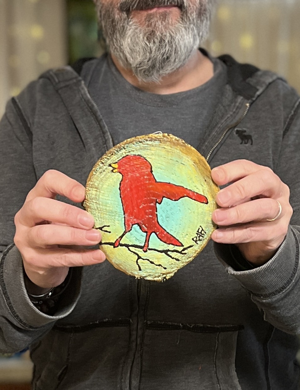 Little Red Bird On A Wood - Cypress Project - By Rafi Perez Original Painting Mixed Medium on Reclaimed Wood 5X5 - Image 5