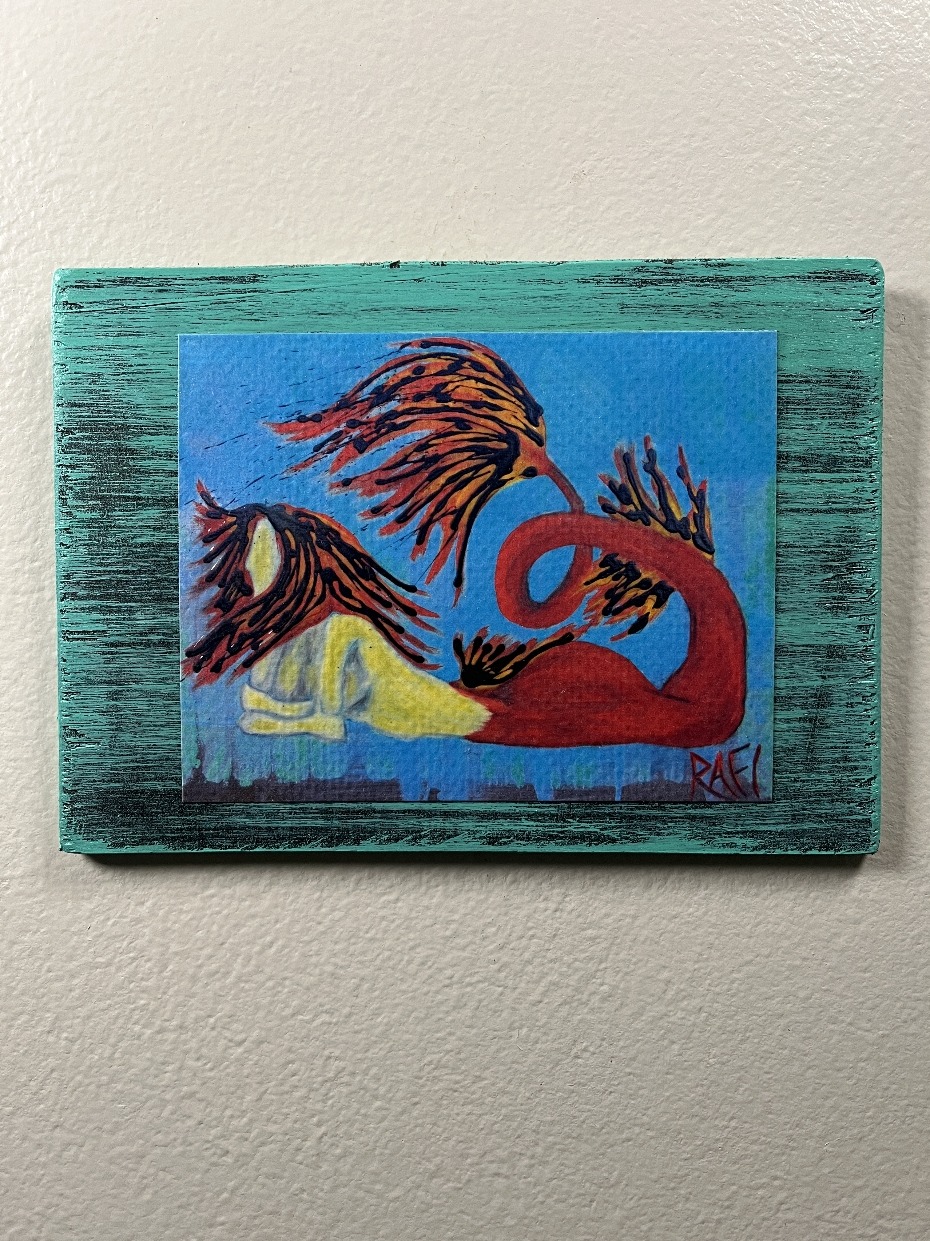 Tiger Mermaid Textured Print STUDY AND EXPERIMENT By Artist Rafi Perez On Wood 5X7