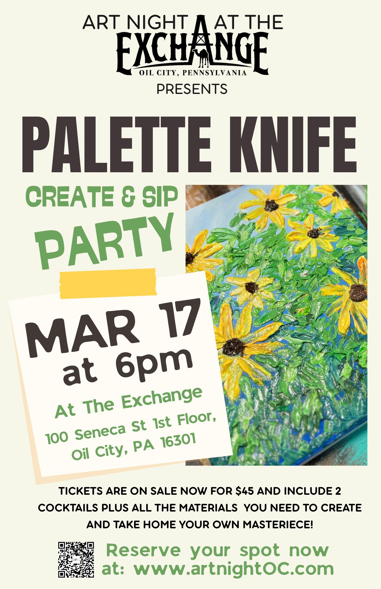 03-17-27 MARCH Palette Knife Flowers Create & Sip Party with Rafi and Klee – Art Night At The Exchange
