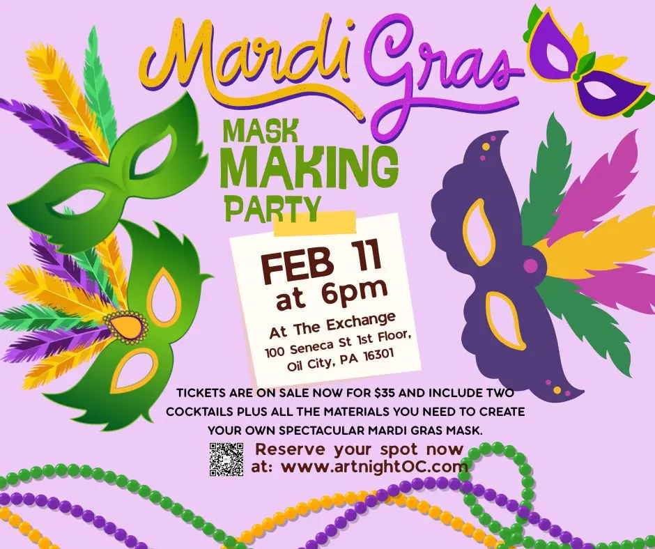 Mardi Gras mask-making party invitation featuring colorful masks, feathers, and beads. Event details include date, time, and location.