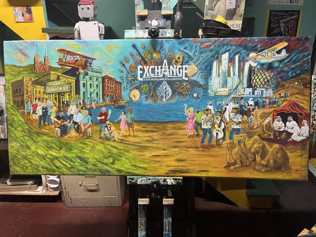A vibrant mural illustrating the story of Oil City, featuring various scenes including the historic 100 Seneca Street building, musicians, portraits of local residents, and elements symbolizing both Abu Dhabi and Pennsylvania.