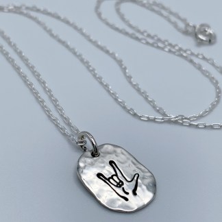 I Love You Necklace / Sign Language / Solid Sterling Silver / Rustic Oval Bullion Shape