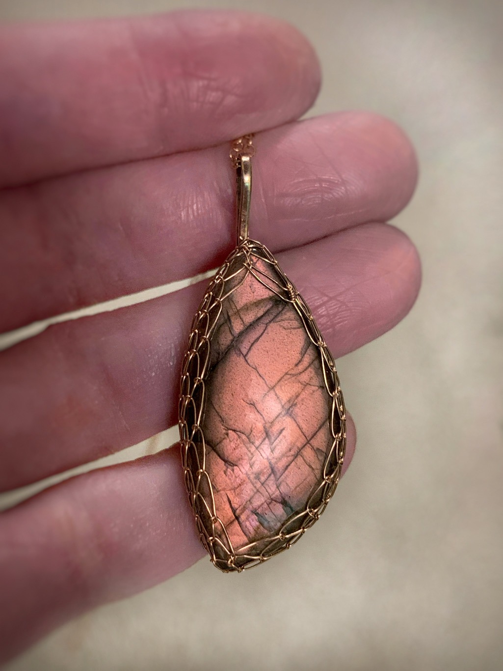 Labradorite Fire Necklace / 14k Rose Gold Filled / Genuine Pink Orange Labradorite / "Eternal Hearth" - Image 9