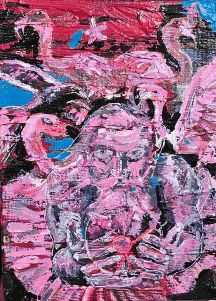 An abstract artwork featuring a dominant pink palette with human figures and flamingos intertwined, showcasing strong brush strokes and a sense of movement.