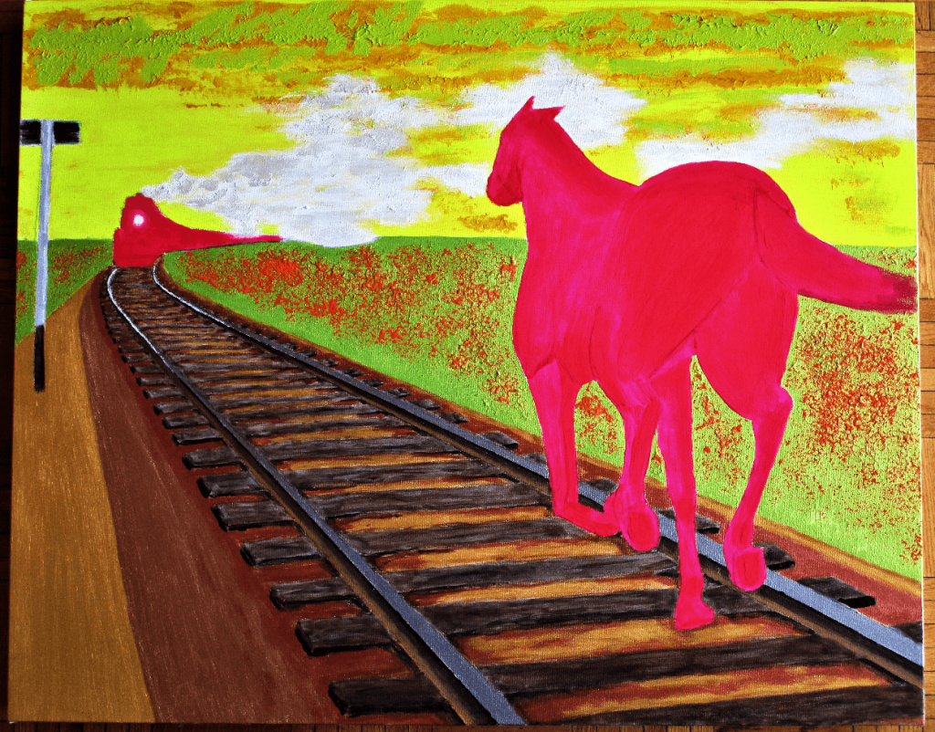 A bright pink horse walking along railway tracks, with a train approaching in the background and a colorful sky filled with clouds.