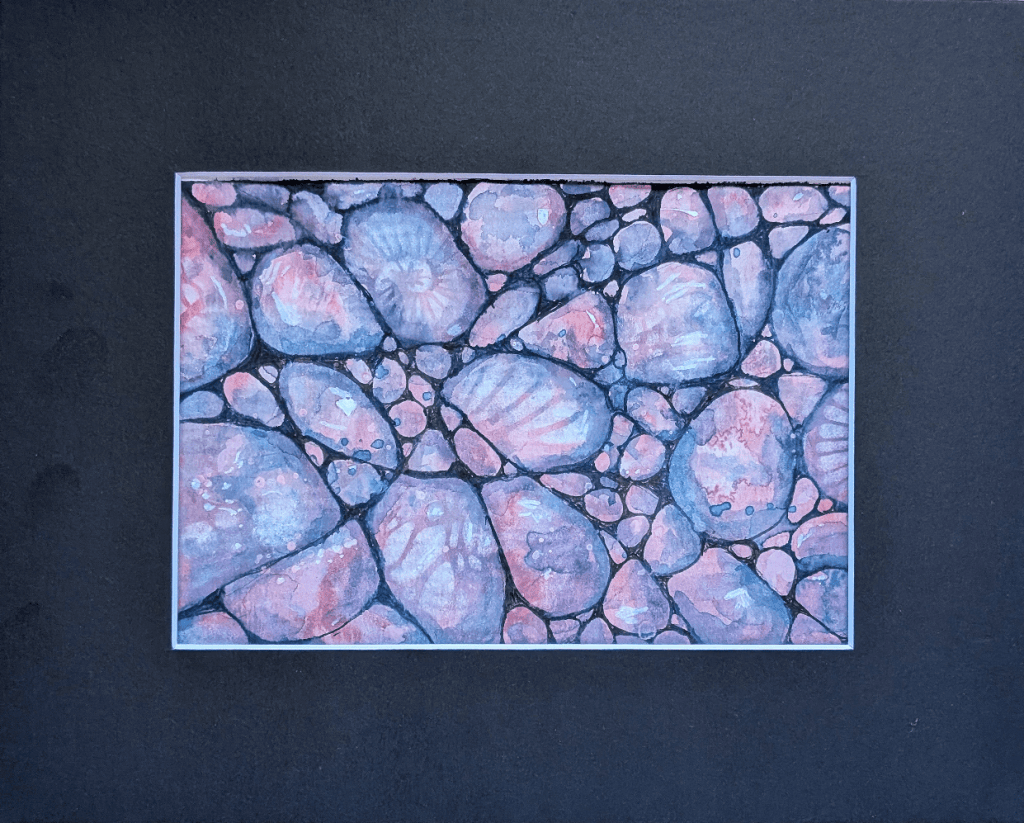 A watercolor illustration of various pebbles and stones with swirls and patterns in shades of pink, blue, and gray.