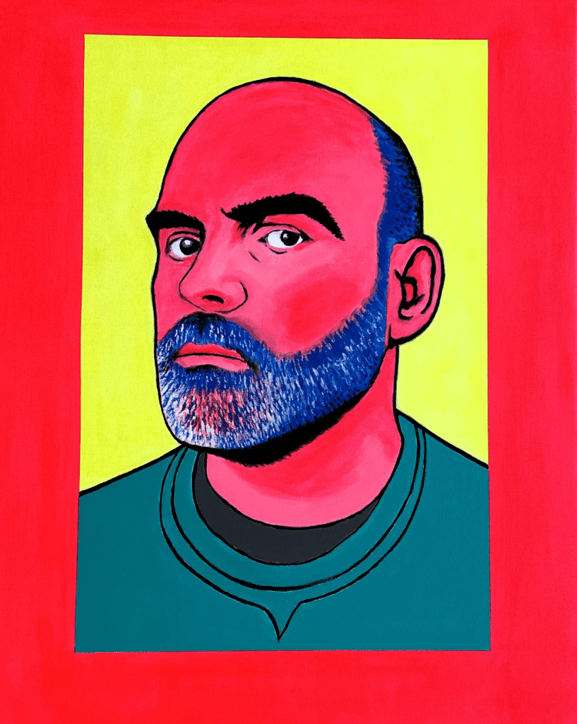 A vibrant, colorful portrait of a man with a bald head and a beard, set against a bright red and yellow background.