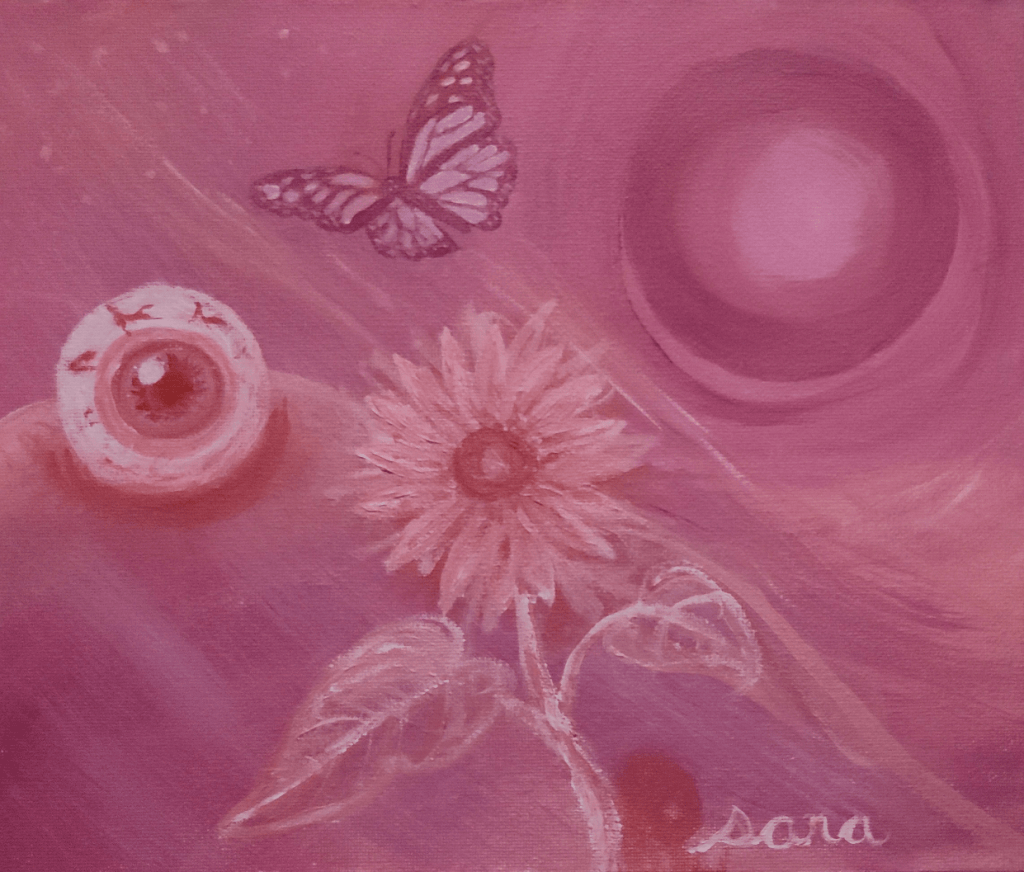 A whimsical painting featuring a butterfly, a vibrant flower, and an abstract orb on a pink background.