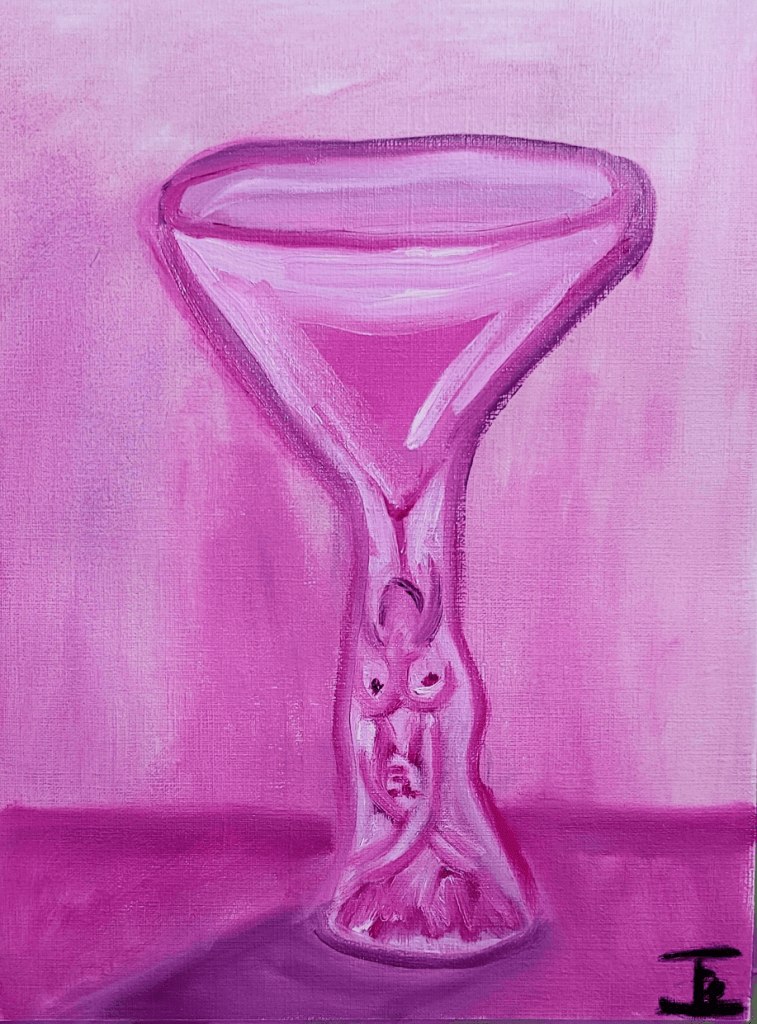 Artistic painting of a pink glass with an abstract design, featuring anatomical shapes merging into the base, against a soft pink background.