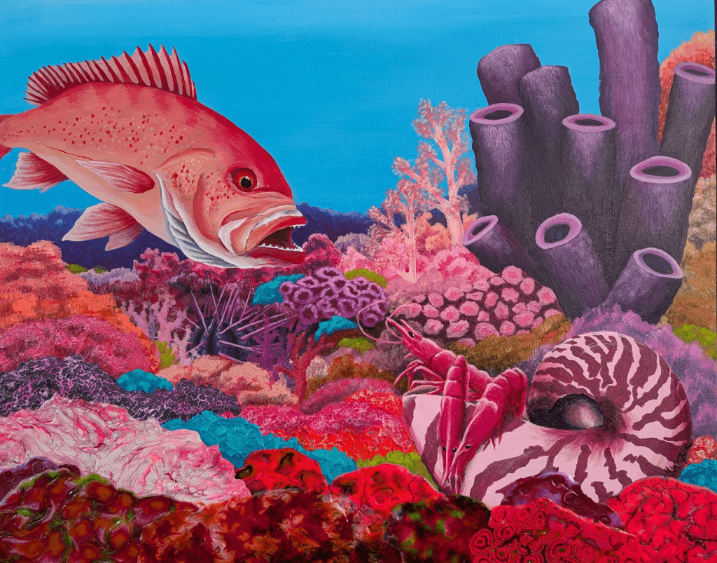 A vibrant underwater scene featuring a large pink fish swimming amidst colorful corals and sea sponges. The background showcases a bright blue ocean surface, with intricate coral formations in shades of red, pink, and purple. A patterned nautilus is visible in the foreground, enhancing the marine diversity.