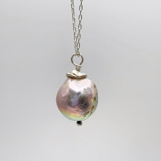 Fireball Pearl Flower Bud Necklace / Solid Sterling Silver / Genuine Freshwater Fireball Pearl / "First Blush"