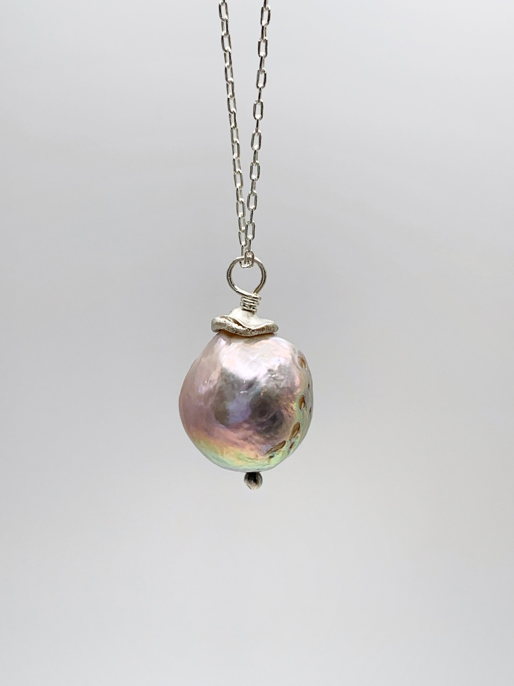 Fireball Pearl Flower Bud Necklace / Solid Sterling Silver / Genuine Freshwater Fireball Pearl / “First Blush”