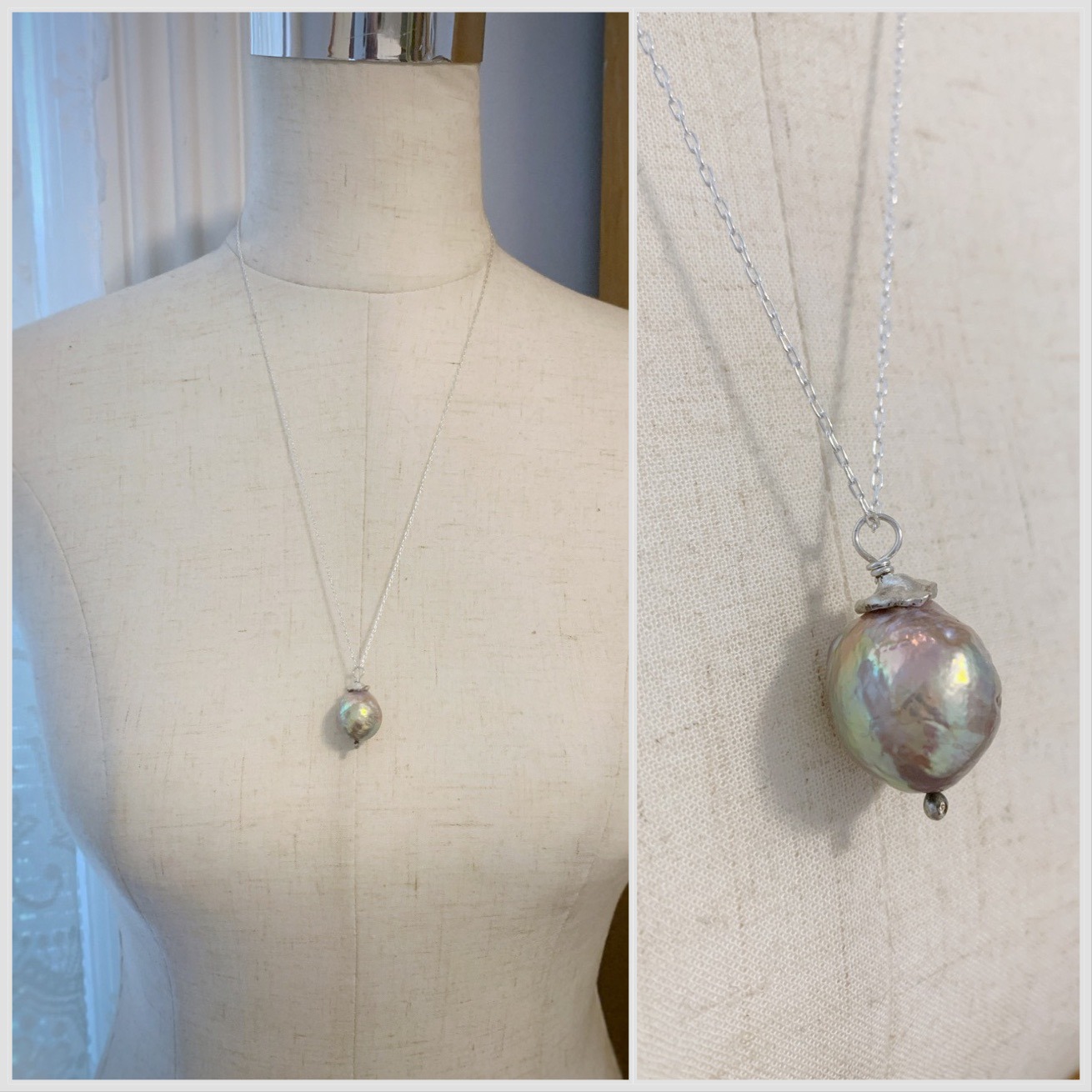 Fireball Pearl Flower Bud Necklace / Solid Sterling Silver / Genuine Freshwater Fireball Pearl / "First Blush" - Image 5