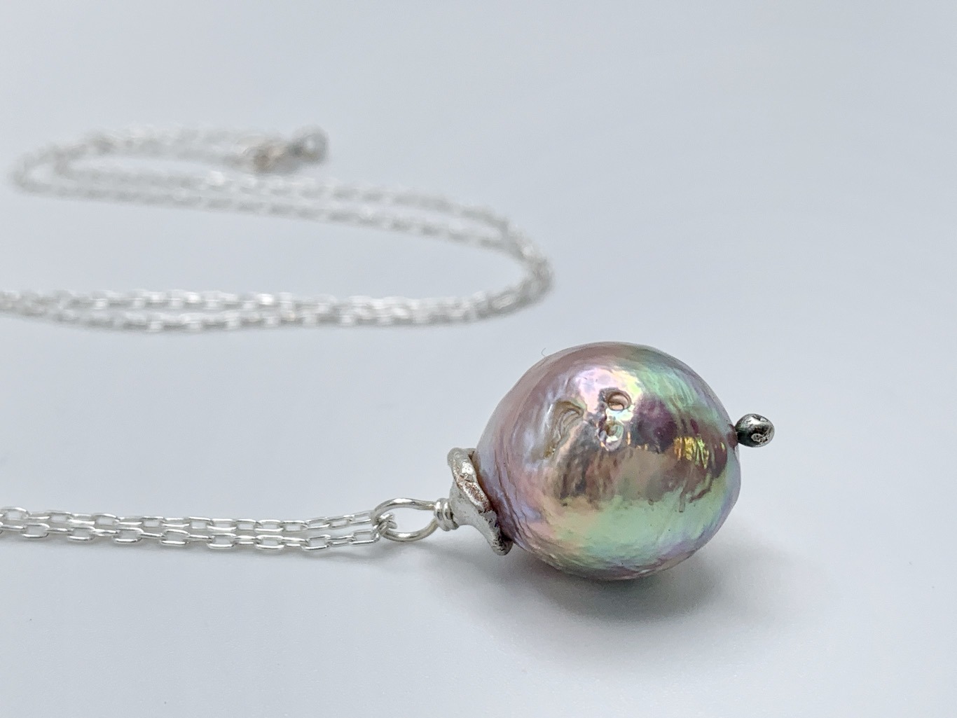 Fireball Pearl Flower Bud Necklace / Solid Sterling Silver / Genuine Freshwater Fireball Pearl / "First Blush" - Image 4