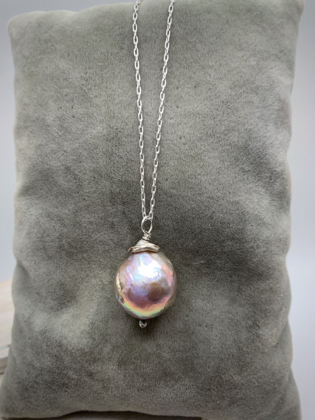 Fireball Pearl Flower Bud Necklace / Solid Sterling Silver / Genuine Freshwater Fireball Pearl / "First Blush" - Image 6