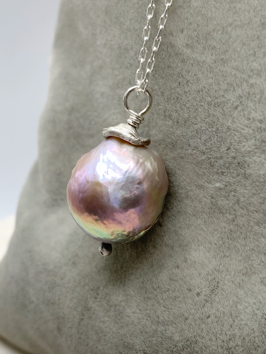 Fireball Pearl Flower Bud Necklace / Solid Sterling Silver / Genuine Freshwater Fireball Pearl / "First Blush" - Image 8