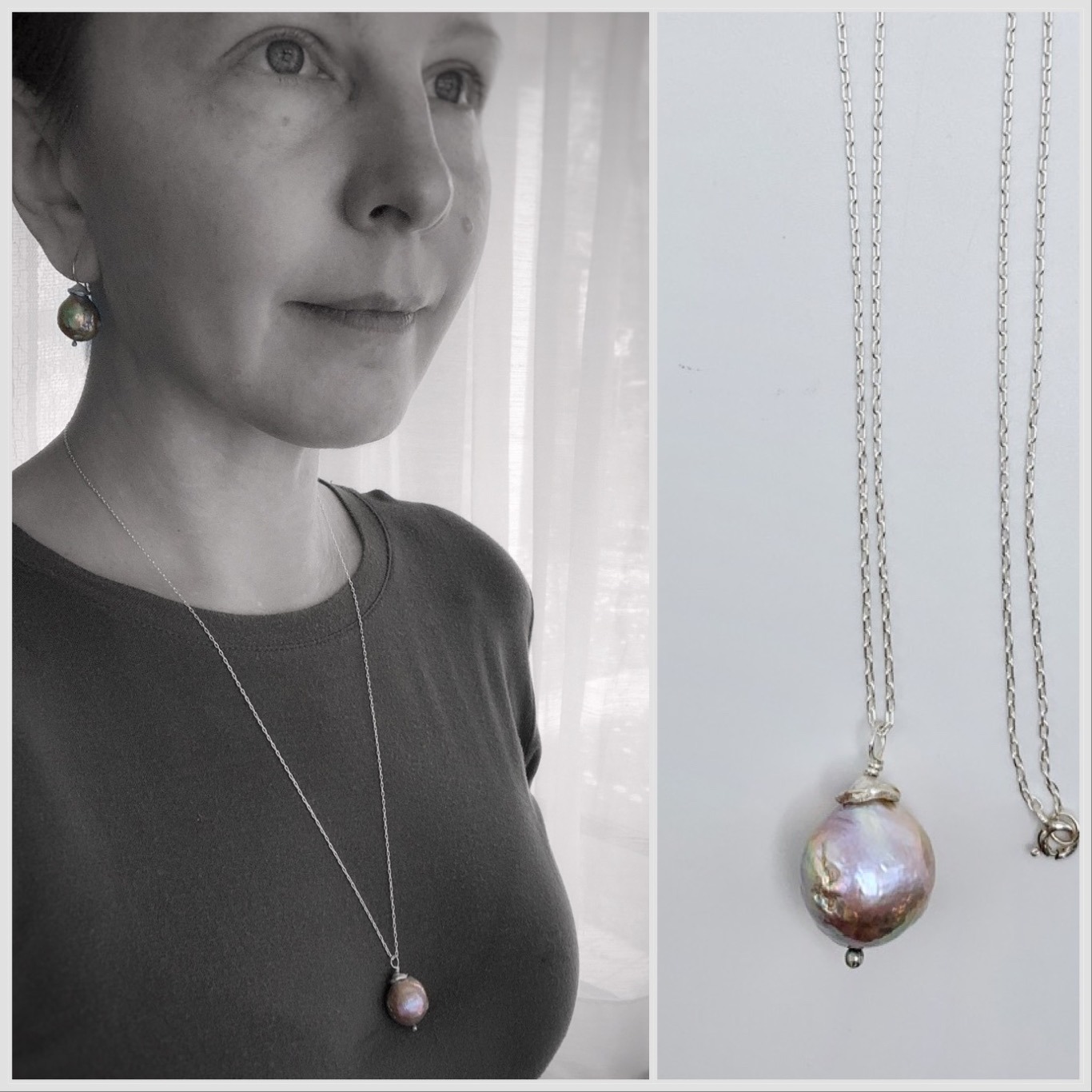 Fireball Pearl Flower Bud Necklace / Solid Sterling Silver / Genuine Freshwater Fireball Pearl / "First Blush" - Image 2