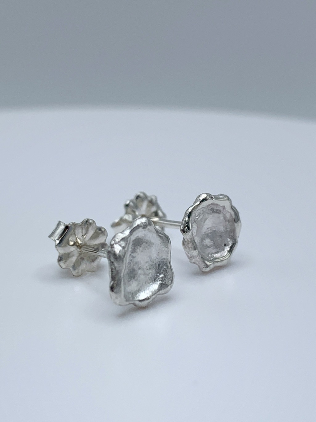 Impressionist Flower Stud Earrings / Solid Sterling Silver / Hand Forged Unique Flower Earrings - Image 4