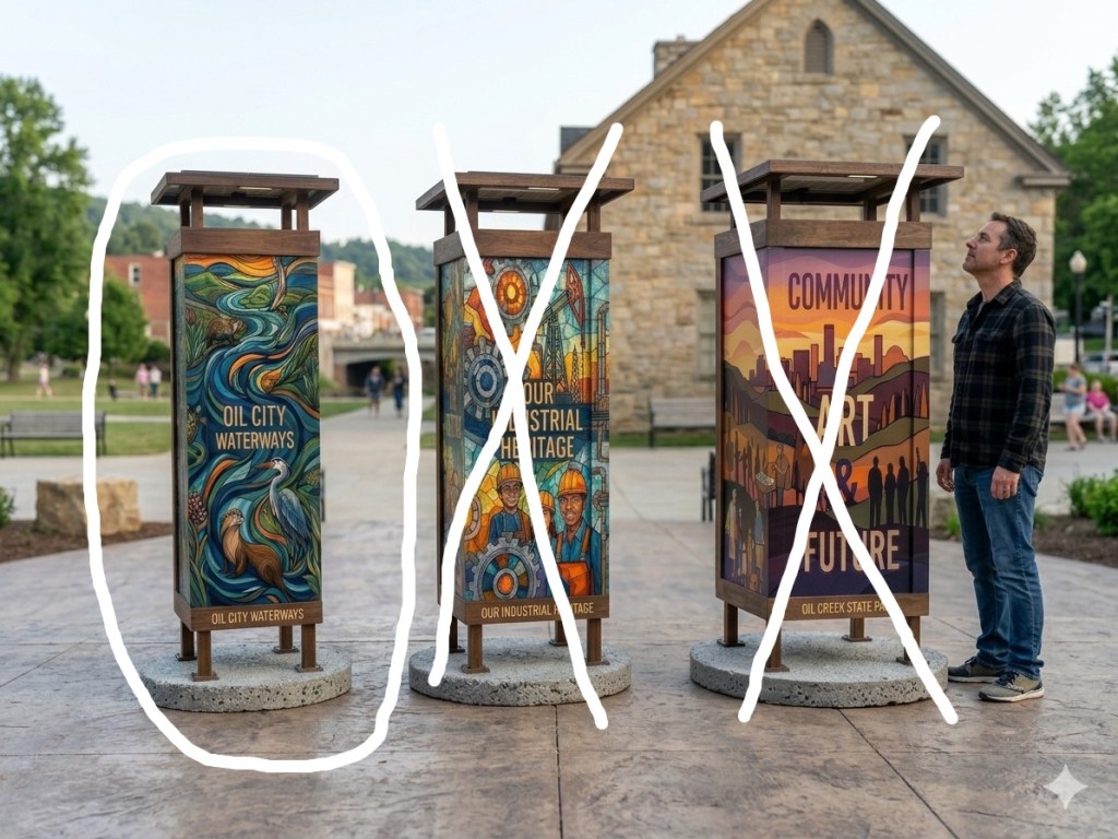 Three information kiosks in a park featuring colorful artwork that highlights local heritage. The left kiosk displays 'Oil City Waterways' with natural elements, the center kiosk shows 'Our Industrial Heritage' with illustrations of workers, and the right kiosk promotes 'Community Art & Future'. A person stands, looking at the kiosks.