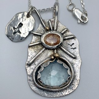 "North Star and the City by the Lake" Pendant Necklace / Solid Sterling Silver / Fine Silver / 14k Gold / Aquamarine / Sunstone / Hand Forged