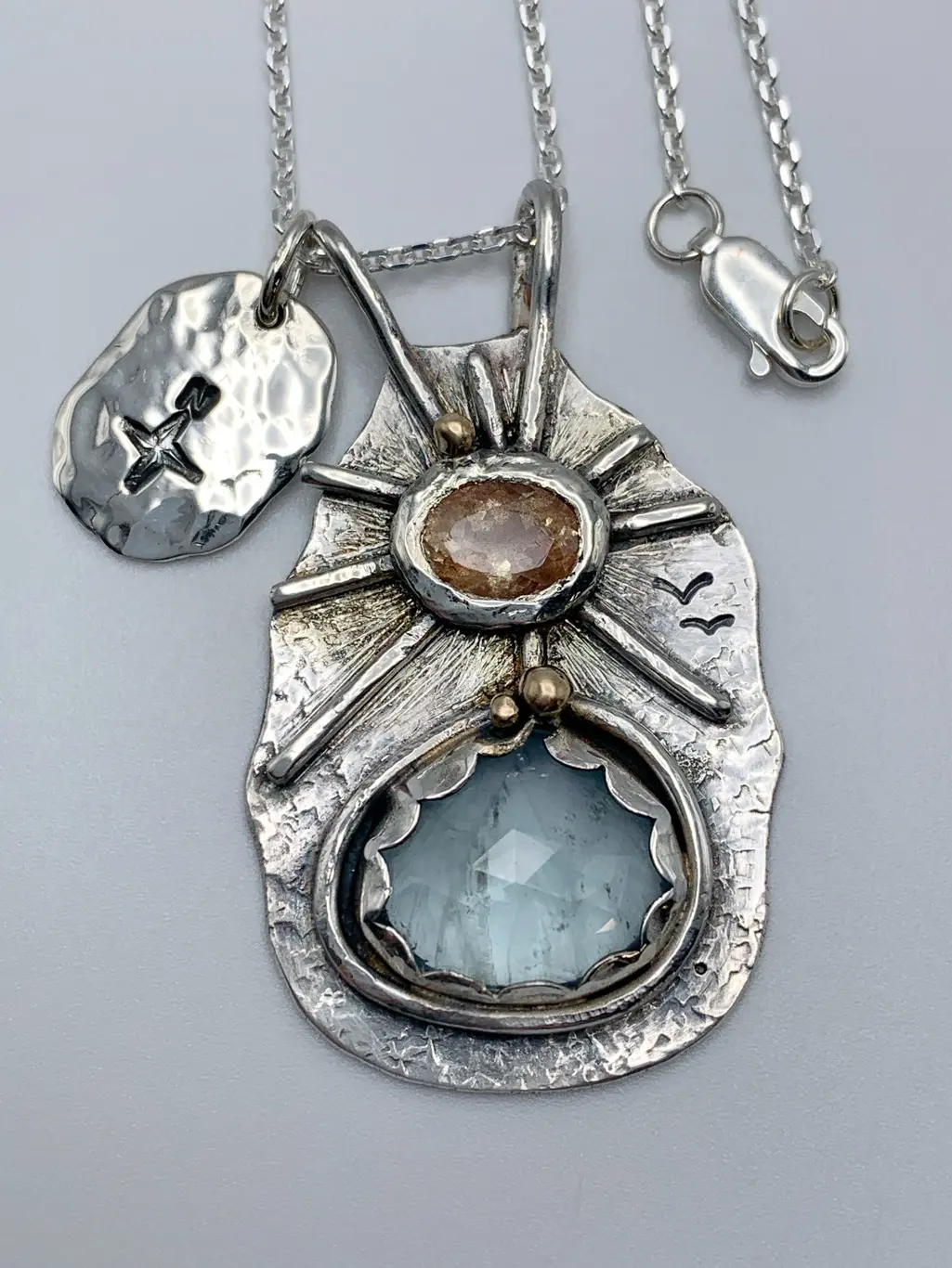 "North Star and the City by the Lake" Pendant Necklace / Solid Sterling Silver / Fine Silver / 14k Gold / Aquamarine / Sunstone / Hand Forged