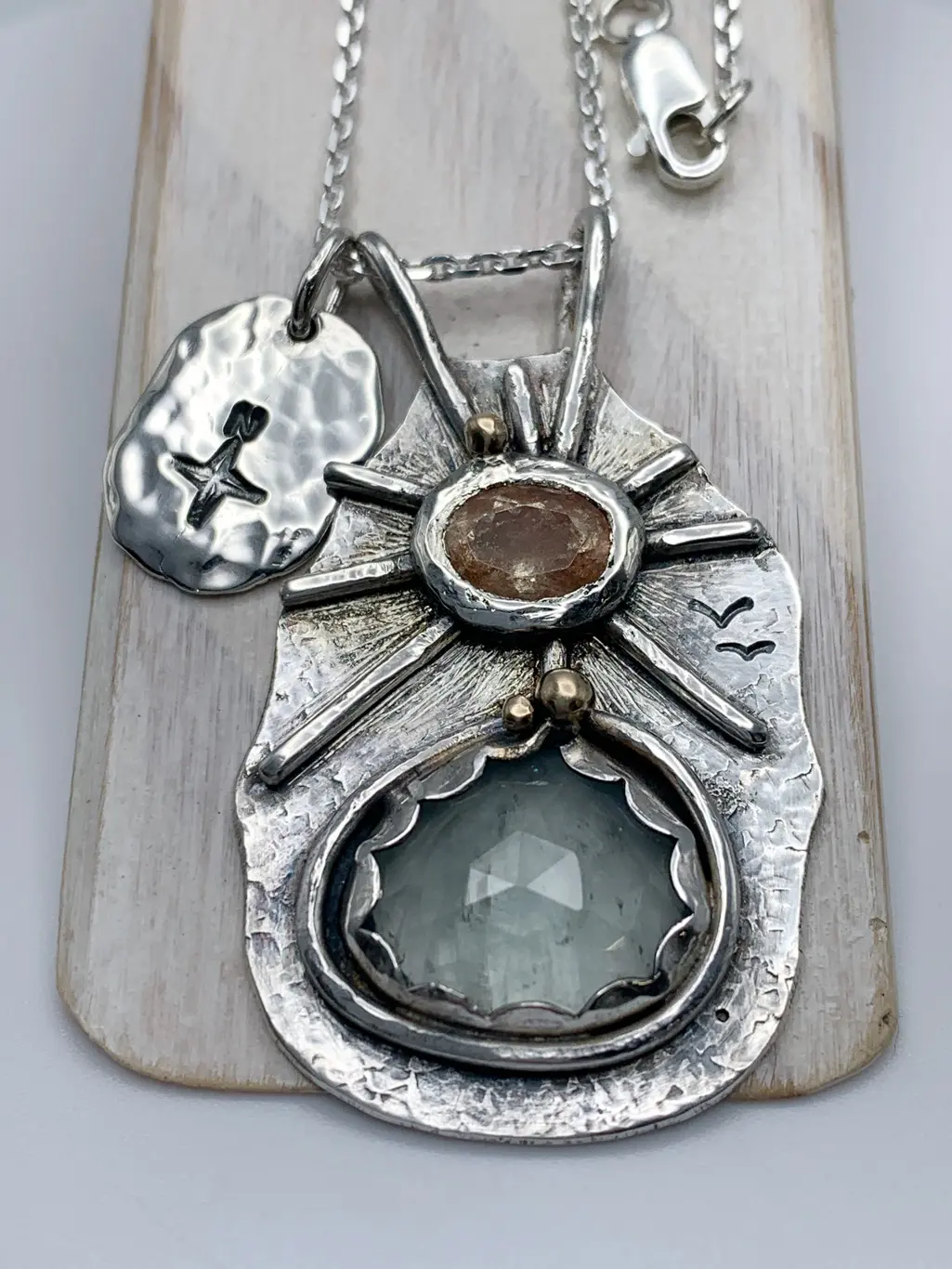 "North Star and the City by the Lake" Pendant Necklace / Solid Sterling Silver / Fine Silver / 14k Gold / Aquamarine / Sunstone / Hand Forged - Image 15