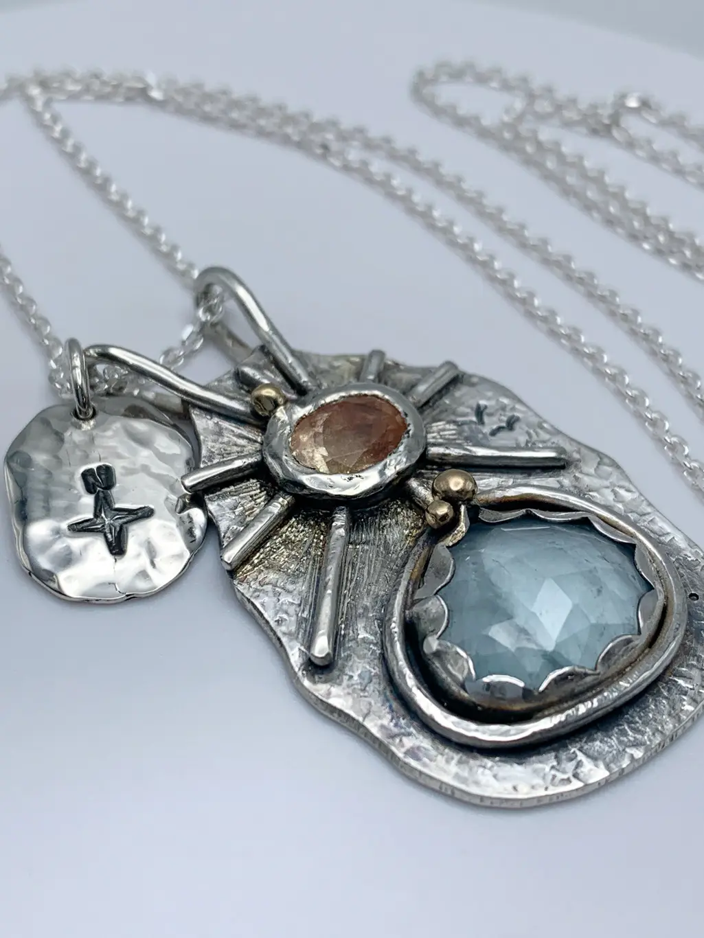 "North Star and the City by the Lake" Pendant Necklace / Solid Sterling Silver / Fine Silver / 14k Gold / Aquamarine / Sunstone / Hand Forged - Image 5